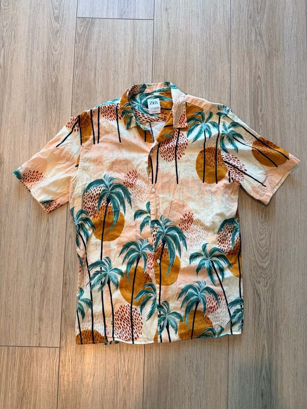 Zara Relaxed Fit Palm Tree Print Short Sleeve Button Down Shirt Size L